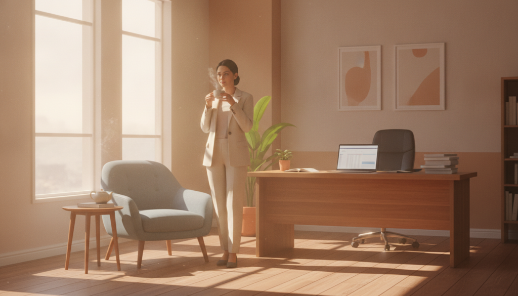 A serene office environment illustrating the concept of micro-breaks and strategic pauses. In the foreground, a professional woman in modest business attire stands next to a cozy lounge chair, sipping herbal tea, a moment of calm amidst her workday. In the middle ground, a desk cluttered with papers and a laptop shows a small indoor plant, symbolizing growth and well-being. Soft lighting filters through large windows, casting gentle shadows that create a relaxed atmosphere. The background features light, warm colors on the walls, enhancing the feeling of tranquility. The overall mood conveys a sense of balance, mindfulness, and rejuvenation, capturing the essence of effective breaks in a work setting.