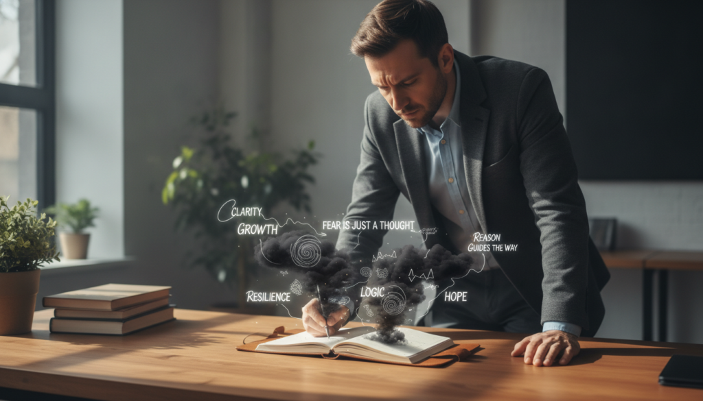 A serene office environment serves as the backdrop, with soft, natural light streaming in through a large window. In the foreground, an open notebook rests on a sleek wooden desk, filled with scattered notes and sketches symbolizing negative thoughts — depicted as dark, swirling clouds or chaotic shapes hovering above the pages. A focused individual, dressed in professional business attire, leans toward the notebook, their expression contemplative yet determined. The middle ground showcases motivational quotes subtly sketched in the air around the clouds, countering the negativity with logic and positivity. The overall mood is introspective yet hopeful, highlighting the journey of challenging negative thinking through clarity and reason. The composition is balanced, drawing the viewer's eye from the individual to the swirling thoughts, promoting reflection and emotional resilience. A serene office environment serves as the backdrop, with soft, natural light streaming in through a large window. In the foreground, an open notebook rests on a sleek wooden desk, filled with scattered notes and sketches symbolizing negative thoughts — depicted as dark, swirling clouds or chaotic shapes hovering above the pages. A focused individual, dressed in professional business attire, leans toward the notebook, their expression contemplative yet determined. The middle ground showcases motivational quotes subtly sketched in the air around the clouds, countering the negativity with logic and positivity. The overall mood is introspective yet hopeful, highlighting the journey of challenging negative thinking through clarity and reason. The composition is balanced, drawing the viewer's eye from the individual to the swirling thoughts, promoting reflection and emotional resilience.