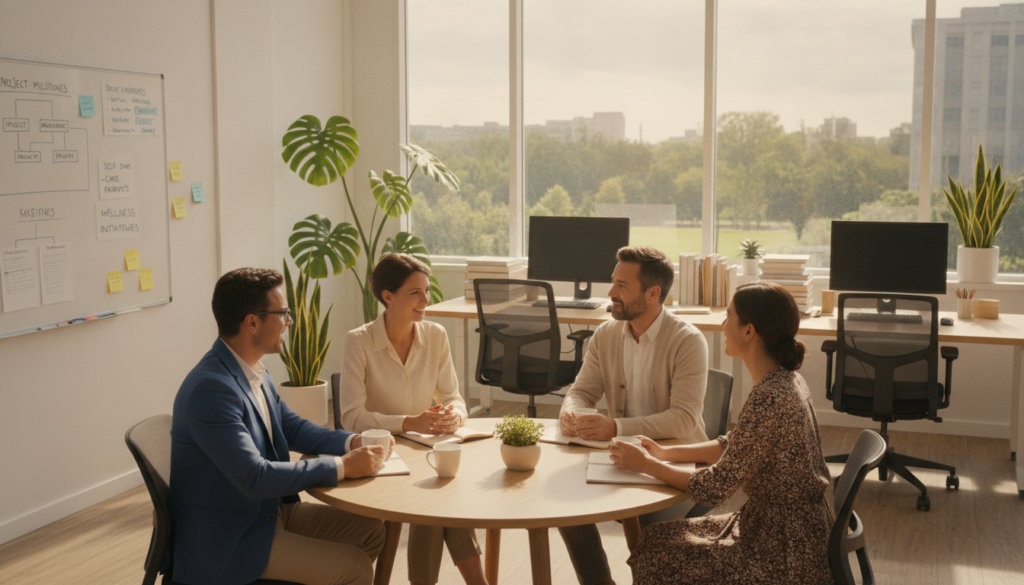 A serene office environment showcasing healthy work boundaries. In the foreground, a diverse group of professionals—two men and two women—engaged in a relaxed discussion around a round table, dressed in smart business attire. The middle ground features a bright and inviting workspace with plants, a large window allowing natural light to flood in, and a whiteboard displaying colorful charts and notes. In the background, a few desks with organized supplies and books create a sense of order and focus. The scene is infused with a calm and supportive atmosphere, reflecting the importance of mental health and balance in the workplace. Soft sunlight highlights the cheerful expressions of the professionals, creating a warm and motivating mood.