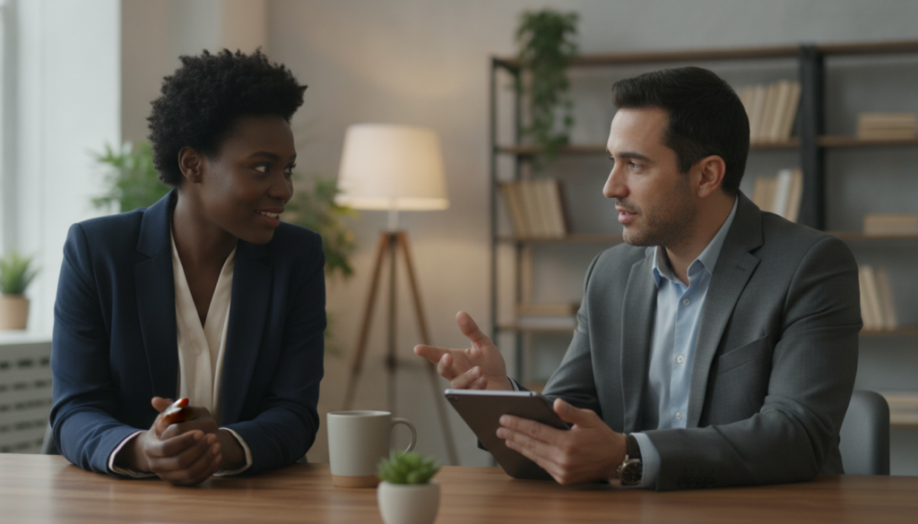 A serene office environment, showcasing two diverse professionals engaged in a deep conversation, highlighting emotional intelligence in relationships. In the foreground, a Black woman in business attire listens attentively, her expression empathic and open. The middle ground features a Hispanic man, gesturing thoughtfully as he shares his ideas, symbolizing effective communication. The background is softly blurred, revealing an inviting workspace filled with plants and warm lighting, creating a calm, positive atmosphere. The lighting is soft and natural, coming from a large window, emphasizing warmth and connection. Capture the mood of collaboration, understanding, and emotional depth in professional relationships. A serene office environment, showcasing two diverse professionals engaged in a deep conversation, highlighting emotional intelligence in relationships. In the foreground, a Black woman in business attire listens attentively, her expression empathic and open. The middle ground features a Hispanic man, gesturing thoughtfully as he shares his ideas, symbolizing effective communication. The background is softly blurred, revealing an inviting workspace filled with plants and warm lighting, creating a calm, positive atmosphere. The lighting is soft and natural, coming from a large window, emphasizing warmth and connection. Capture the mood of collaboration, understanding, and emotional depth in professional relationships.