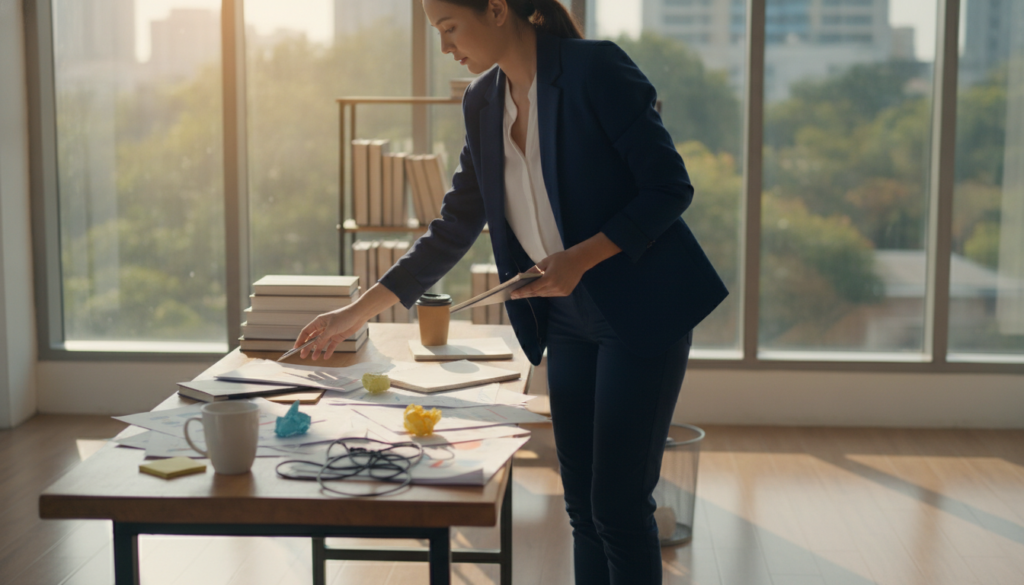 A serene office setting depicting a professional individual, dressed in smart business attire, thoughtfully organizing their workspace. In the foreground, a cluttered desk filled with papers, coffee cups, and sticky notes symbolizes obstacles. In the middle ground, the individual is seen sorting through the clutter, removing distractions and prioritizing tasks. The background features a bright window letting in natural light, casting a warm glow, suggesting clarity and focus. Soft shadows create a calm atmosphere that encourages productivity and discipline. The image embodies the theme of transforming habits, emphasizing the importance of identifying and overcoming obstacles before they manifest, inspiring a sense of motivation and empowerment. A serene office setting depicting a professional individual, dressed in smart business attire, thoughtfully organizing their workspace. In the foreground, a cluttered desk filled with papers, coffee cups, and sticky notes symbolizes obstacles. In the middle ground, the individual is seen sorting through the clutter, removing distractions and prioritizing tasks. The background features a bright window letting in natural light, casting a warm glow, suggesting clarity and focus. Soft shadows create a calm atmosphere that encourages productivity and discipline. The image embodies the theme of transforming habits, emphasizing the importance of identifying and overcoming obstacles before they manifest, inspiring a sense of motivation and empowerment.