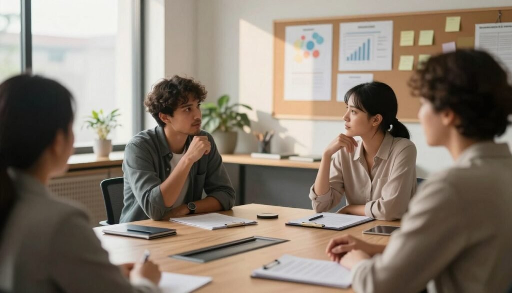 A serene office setting with a diverse group of professionals engaged in a discussion, seated around a modern conference table. In the foreground, a person with a neutral expression observes the interaction, embodying the concept of "observação sem julgamento." The middle ground shows two colleagues sharing differing viewpoints, one gesturing thoughtfully while the other listens intently, promoting a mood of open dialogue. Soft, natural lighting filters through large windows, casting gentle shadows and creating a warm atmosphere. The background features a bulletin board with charts and post-it notes, emphasizing a collaborative workplace environment. Use a shallow depth of field to bring focus on the observing individual, suggesting mindfulness and reflection without distraction from the engaged conversation.
