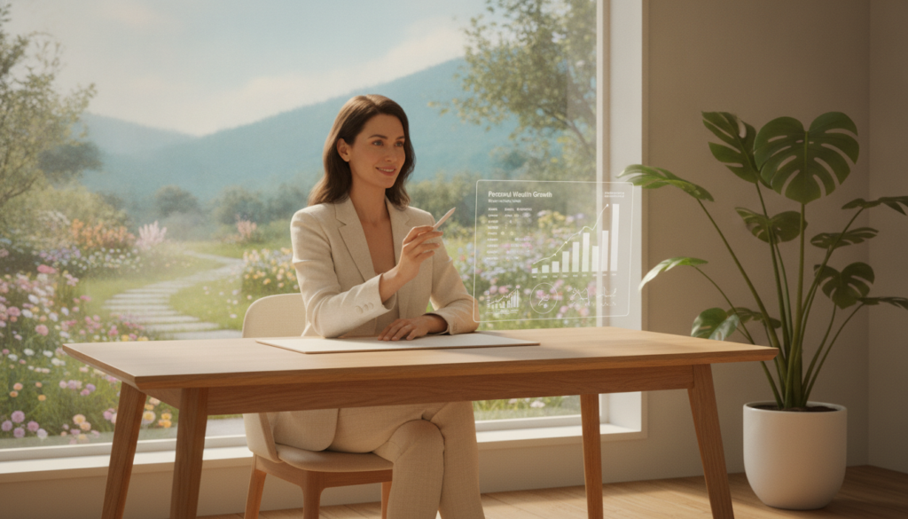 A serene office space bathed in warm, natural light, with a large window overlooking a peaceful garden. In the foreground, a well-dressed individual, either male or female, sits at a sleek wooden desk, reviewing financial documents with a satisfied expression. Organized charts and graphs are visible, symbolizing personal financial planning. In the middle, a lush green plant adds a touch of nature, enhancing the calming atmosphere of financial clarity. In the background, soft colors blend harmoniously, with hints of blue and green creating a tranquil ambience that promotes mental well-being. The overall mood is one of stability and peace, encapsulating the essence of financial intelligence as a tool for achieving tranquility in life. The lighting is soft, with a focus on the subject's face, conveying confidence and composure.
