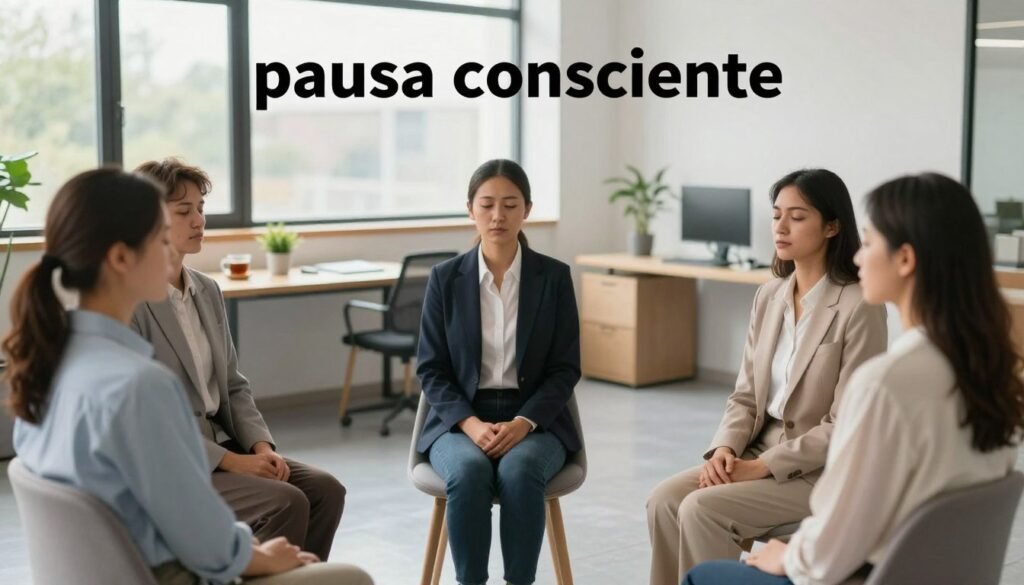 A serene office space depicting a moment of "pausa consciente" during a conflict resolution discussion. In the foreground, a diverse group of three professionals in modest business attire practice breathing exercises, sitting calmly in a circle on comfortable chairs. Their expressions convey focus and tranquility, highlighting the importance of managing emotions. In the middle ground, a desk with soft lighting displays a small plant and a cup of tea, suggesting a peaceful atmosphere. The background features large windows with natural light flooding in, revealing a tranquil outdoor view, enhancing the sense of mindfulness. The overall mood is serene and supportive, capturing the essence of maintaining calm during conflict resolutions.