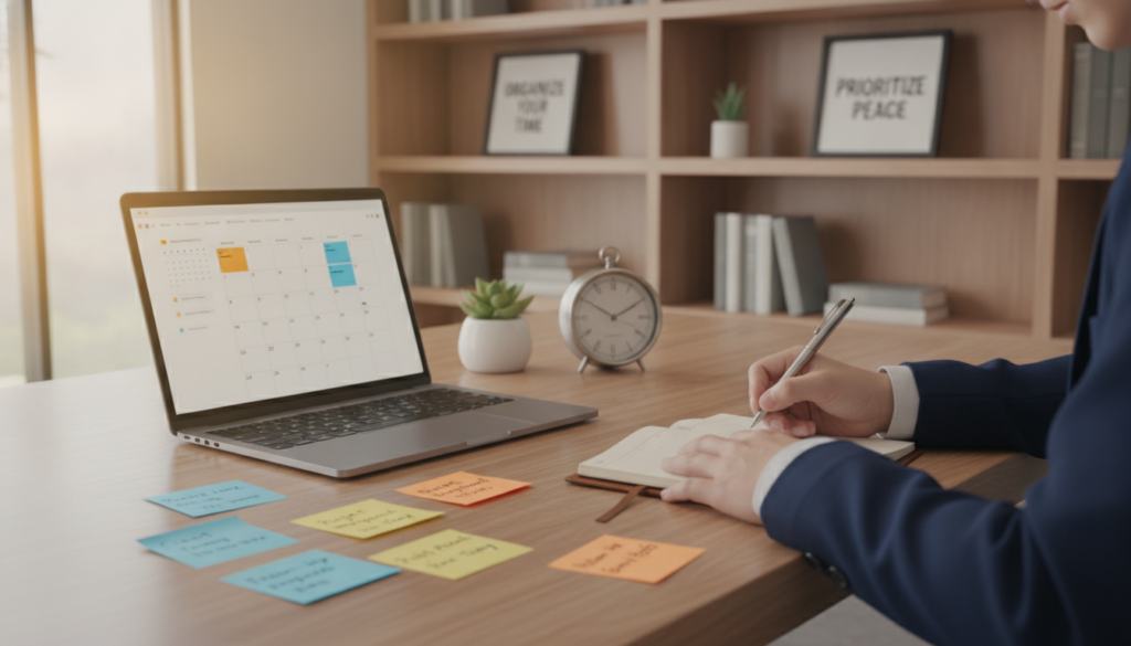 A serene office space featuring a stylish desk with a laptop open to a calendar app, symbolizing effective time management and prioritization. In the foreground, a focused professional in business attire is jotting down notes on a notepad, surrounded by sticky notes of varying colors, representing urgent tasks and priorities. In the middle ground, a subtle clock ticks away, emphasizing the importance of time, while a small plant adds a touch of calmness. The background shows shelves lined with organized books and inspirational quotes, softly blurred to keep the focus on the subject. Warm, natural light filters through a window, creating an inviting and productive atmosphere. The overall mood is one of clarity and motivation, capturing the essence of time management and prioritization. A serene office space featuring a stylish desk with a laptop open to a calendar app, symbolizing effective time management and prioritization. In the foreground, a focused professional in business attire is jotting down notes on a notepad, surrounded by sticky notes of varying colors, representing urgent tasks and priorities. In the middle ground, a subtle clock ticks away, emphasizing the importance of time, while a small plant adds a touch of calmness. The background shows shelves lined with organized books and inspirational quotes, softly blurred to keep the focus on the subject. Warm, natural light filters through a window, creating an inviting and productive atmosphere. The overall mood is one of clarity and motivation, capturing the essence of time management and prioritization.