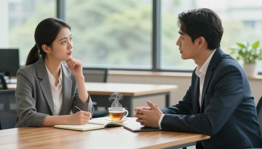 A serene office space showcasing a professional setting where two individuals engage in a constructive dialogue. In the foreground, a woman in smart casual attire, with an open and inviting posture, listens attentively to a man in a business suit who is speaking. Their facial expressions convey understanding and empathy, symbolizing personal responsibility in nonviolent communication. In the middle ground, a wooden table holds a notebook and a steaming cup of tea, representing thoughtful reflection. The background features soft, diffused natural light coming through a large window with greenery outside, creating a calm and supportive atmosphere. The overall mood is peaceful and encouraging, emphasizing connection and personal accountability.