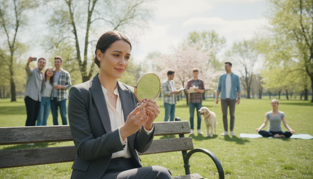 A serene outdoor setting that visually represents the concept of social comparison and self-esteem. In the foreground, a young woman in professional business attire sits on a park bench, gazing thoughtfully at her reflection in a small mirror. Her expression is contemplative, embodying a mix of curiosity and introspection. Surrounding her, other people casually interact, symbolizing the various ways social comparison manifests. In the middle ground, diverse groups of people engage in friendly conversations, showcasing a range of emotions from joy to contemplation. The background features softly blurred trees and a bright sky, conveying a peaceful and uplifting atmosphere. Soft, diffused lighting captures the essence of introspection and personal growth, inviting the viewer to reflect on their own journey of self-acceptance.