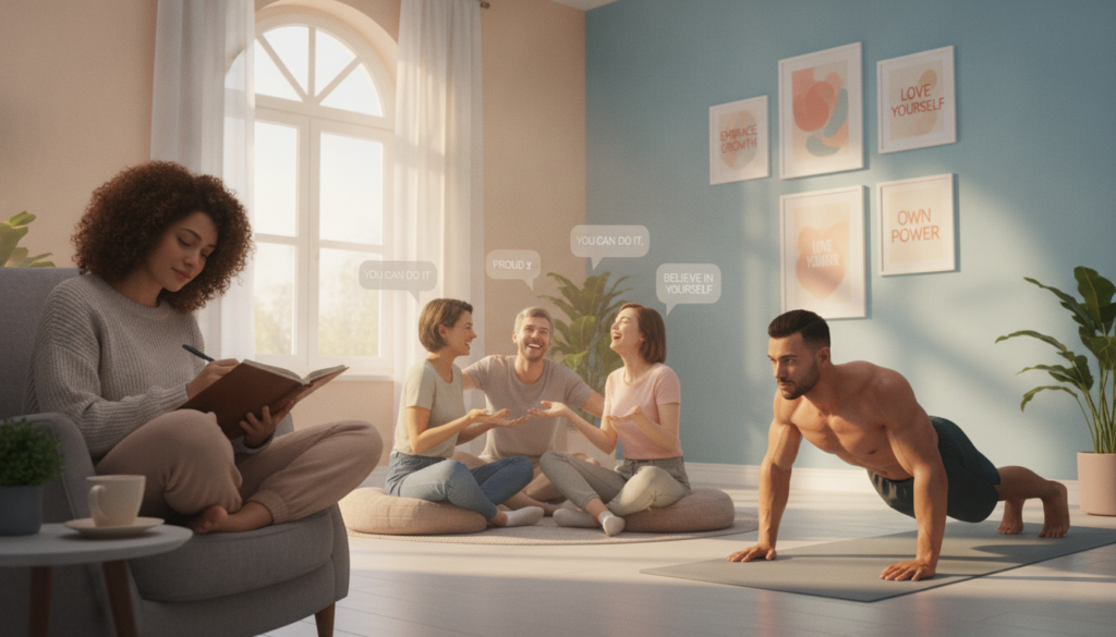 A serene scene depicting a diverse group of individuals engaged in practical activities to strengthen their self-esteem. In the foreground, a confident woman is journaling in a cozy, sunlit corner, her expression reflecting focus and determination. Beside her, a man is engaging in physical exercise, showcasing empowerment through fitness. The middle ground features a supportive group discussion among friends, smiling and encouraging one another with open body language, communicating positivity and acceptance. The background consists of soft, pastel-colored walls adorned with motivational art. Natural light streams in through a large window, creating a warm and uplifting atmosphere. The overall mood is one of encouragement, self-discovery, and positivity, inviting viewers to embrace self-acceptance and personal growth.