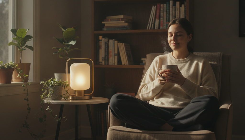 A serene scene depicting a person practicing self-compassion during a moment of setback. In the foreground, a young adult with a calm expression, dressed in casual yet modest clothing, sits on a cozy chair, holding a steaming mug of tea. In the middle ground, a softly glowing lamp casts warm light, creating an atmosphere of comfort and introspection. Surrounding the individual, a few potted plants add a touch of greenery, symbolizing growth and resilience. The background features a softly blurred bookshelf filled with inspiring books. The overall mood is peaceful and reflective, with gentle, warm lighting that evokes feelings of solace and understanding. The image should capture the essence of self-care and strength in vulnerability. A serene scene depicting a person practicing self-compassion during a moment of setback. In the foreground, a young adult with a calm expression, dressed in casual yet modest clothing, sits on a cozy chair, holding a steaming mug of tea. In the middle ground, a softly glowing lamp casts warm light, creating an atmosphere of comfort and introspection. Surrounding the individual, a few potted plants add a touch of greenery, symbolizing growth and resilience. The background features a softly blurred bookshelf filled with inspiring books. The overall mood is peaceful and reflective, with gentle, warm lighting that evokes feelings of solace and understanding. The image should capture the essence of self-care and strength in vulnerability.