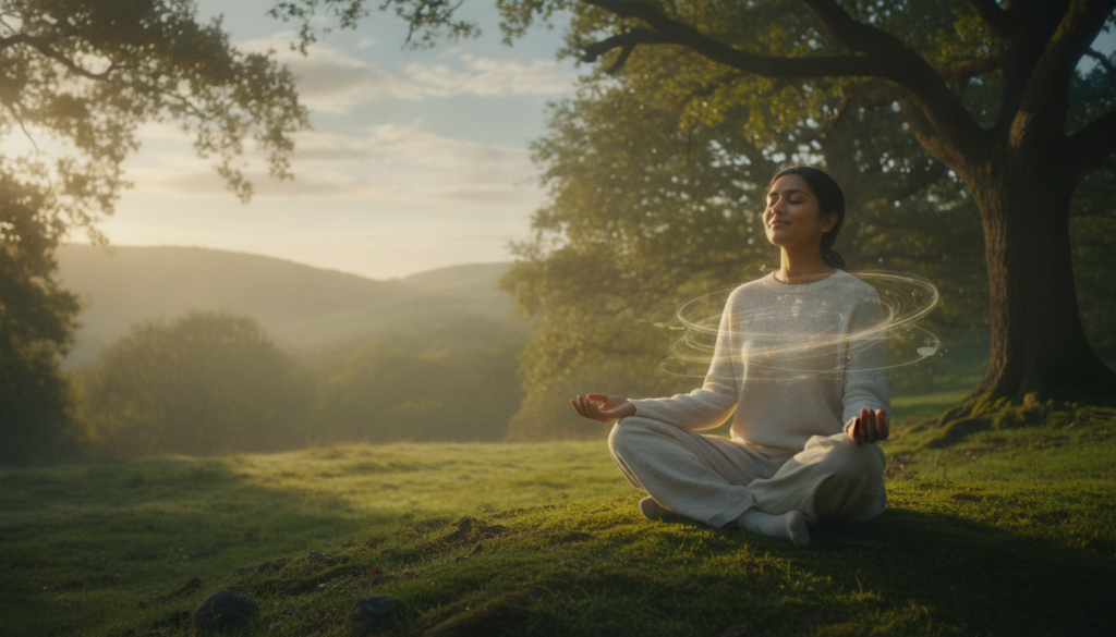 A serene scene depicting a tranquil environment that embodies the concept of "internal dialogue." In the foreground, a person of diverse ethnicity sits cross-legged on a soft, grassy hill, wearing modest casual clothing, with a gentle, reflective expression. Their posture suggests contemplation, hands resting on their knees. In the middle ground, a soft glow of warm sunlight filters through a canopy of lush green trees, creating dappled light patterns on the ground. In the background, a distant horizon showcases rolling hills and a clear blue sky, enhancing the sense of peace. The overall mood is calming and introspective, inviting viewers to reflect on self-compassion and kindness towards oneself. Soft focus and natural lighting evoke a sense of tranquility and openness.