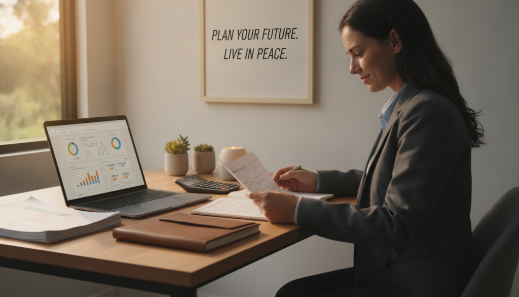 A serene workspace environment with a neatly organized desk featuring financial planning tools, such as a laptop displaying budgeting software, a notepad with financial goals, and a calculator. In the foreground, a person in business attire is thoughtfully reviewing documents, showing a look of focus and relief, indicating reduced financial anxiety. In the middle ground, there are plants and a calming decorative element like a framed motivational quote on the wall, enhancing the atmosphere of tranquility. The background features a soft, warm light coming from a nearby window, creating a peaceful and inviting tone. The overall mood conveys clarity, organization, and mental well-being, subtly suggesting the benefits of financial planning in alleviating everyday anxieties.
