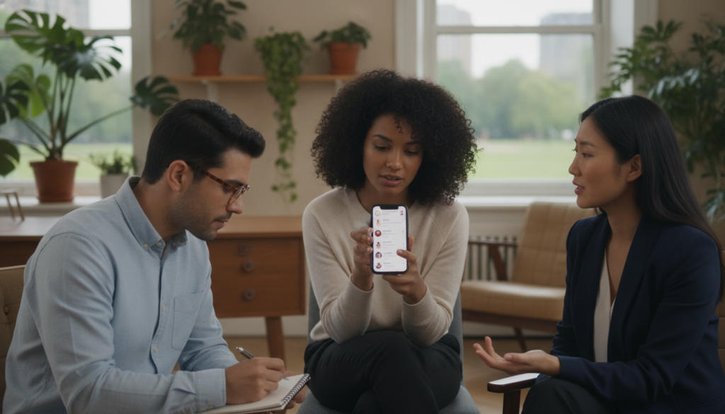 A serene workspace featuring a diverse group of three individuals engaged in a discussion about social media use. In the foreground, a young woman with curly hair, wearing smart casual clothing, thoughtfully holds a smartphone, analyzing a social media feed. Next to her, a man in a crisp shirt and glasses jots down notes on a notepad, while a third person, a woman of Asian descent wearing a blazer, gestures as she shares insights. The background showcases a cozy, modern office with plants and natural light filtering through large windows, creating an inviting atmosphere. The overall mood is reflective and constructive, symbolizing conscious social media use and self-acceptance, all captured in soft, warm lighting and a slightly blurred depth of field to emphasize the participants.