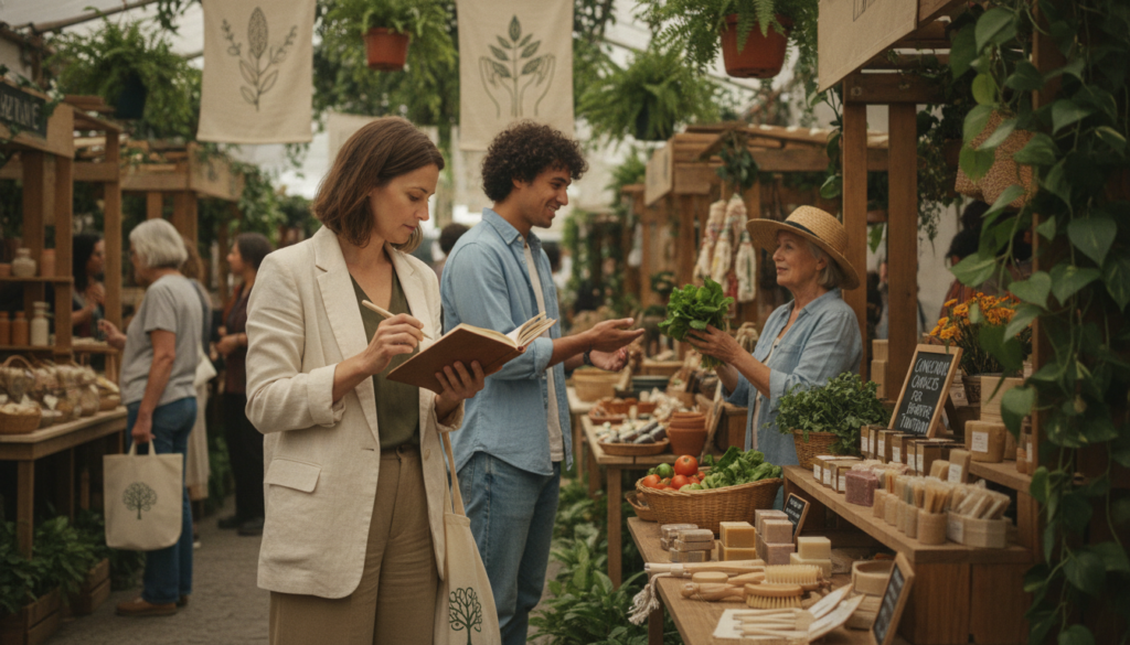 A serene yet thought-provoking scene featuring a diverse group of individuals engaged in mindful shopping. In the foreground, a thoughtful woman with a journal, dressed in professional casual attire, is evaluating eco-friendly products at a local market. In the middle, a young man converses with a vendor about the benefits of sustainable items, displaying his genuine interest. The background features a vibrant market filled with greenery and various ethically sourced products, creating an inviting atmosphere. Soft, natural lighting filters through overhanging branches, casting gentle shadows on the scene. The overall mood is calm and reflective, promoting the idea of conscious consumption while enhancing mental well-being. The image should evoke a sense of community and responsibility in purchasing decisions.