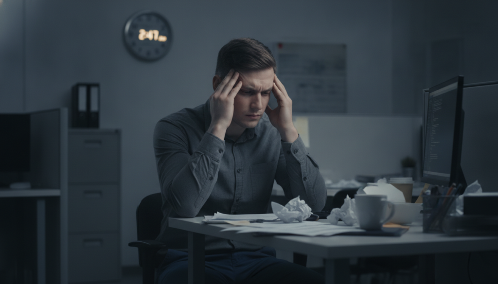 A somber office environment illuminated by soft, diffused light, capturing a sense of exhaustion and stress. In the foreground, a young professional in smart casual attire is sitting at a cluttered desk, their face showing signs of discomfort and fatigue. Their hands rest on their temples, symbolizing both physical pain and mental strain. In the middle, various stress-related items like crumpled papers and an overflowing coffee cup emphasize the chaotic atmosphere. The background depicts a blurred wall clock displaying late hours, suggesting prolonged work hours. The color palette is muted, with shades of gray and blue enhancing the mood of distress. The angle is slightly above eye level, focusing on the individual and the environmental chaos, conjuring an atmosphere of overwhelming pressure and unrecognized physical ailments related to stress.