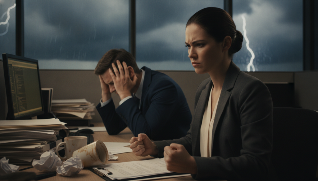 A tense office environment depicting a professional man and a woman in modest business attire, visibly stressed and overwhelmed. In the foreground, the woman's furrowed brow and clenched fists illustrate her irritability. In the middle ground, a cluttered desk with scattered papers, an overflowing coffee mug, and a flickering computer screen reflects a chaotic work atmosphere. In the background, dim lighting creates shadows that enhance the mood of frustration and emotional turmoil. A window with stormy weather outside symbolizes the inner chaos. The overall atmosphere conveys a sense of urgency and desperation, with a focus on expressing the mood of irritability and frequent mood swings in a professional setting.