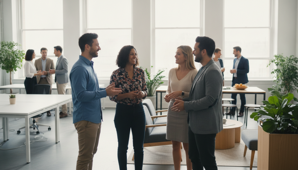 A vibrant office scene depicting professionals engaging in meaningful conversations and connections. In the foreground, a diverse group of employees are standing in a circle, smiling and exchanging ideas, wearing business casual attire. The middle ground showcases a modern office environment with large windows allowing natural light to flood in, creating a warm and inviting atmosphere. In the background, details like potted plants and contemporary furniture enhance the inviting feel of the workspace. The lighting is bright and cheerful, contributing to a sense of camaraderie and support. The overall mood is uplifting and positive, emphasizing the importance of authentic connections for mental well-being at work.