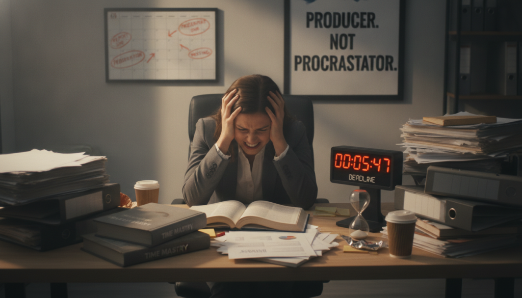 A visually engaging office scene depicting an overwhelmed professional sitting at a cluttered desk, surrounded by paperwork and unopened books symbolizing procrastination. In the foreground, the person, dressed in smart business attire, has a frustrated expression while staring at a digital clock that ominously ticks down, illustrating the pressure of time management. In the middle ground, a calendar filled with deadlines looms prominently, while a motivational poster about productivity hangs on the wall, slightly askew. The background features soft, ambient lighting, creating a slightly chaotic yet focused atmosphere. The image conveys the internal conflict of managing difficult tasks against the temptation to procrastinate, effectively illustrating the theme of time management challenges. A visually engaging office scene depicting an overwhelmed professional sitting at a cluttered desk, surrounded by paperwork and unopened books symbolizing procrastination. In the foreground, the person, dressed in smart business attire, has a frustrated expression while staring at a digital clock that ominously ticks down, illustrating the pressure of time management. In the middle ground, a calendar filled with deadlines looms prominently, while a motivational poster about productivity hangs on the wall, slightly askew. The background features soft, ambient lighting, creating a slightly chaotic yet focused atmosphere. The image conveys the internal conflict of managing difficult tasks against the temptation to procrastinate, effectively illustrating the theme of time management challenges.
