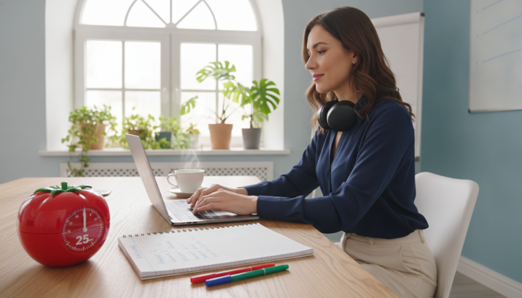 A visually striking and organized workspace illustrating the Pomodoro Technique. In the foreground, a neat desk with a stylish tomato-shaped timer set to 25 minutes, surrounded by a notepad filled with neatly written tasks and a few colorful pens. The middle ground features a focused individual in professional attire, seated at the desk with a slight smile, deeply engaged in work while glancing towards the timer. In the background, a bright, airy room with a large window illuminating the scene with soft, natural light. A few plants add a touch of greenery, creating a serene and productive atmosphere. The overall mood is calm and focused, perfect for promoting productivity and overcoming procrastination.