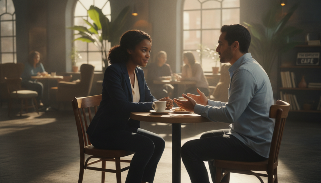 A warm and intimate scene featuring two diverse individuals engaging in a heartfelt conversation, symbolizing authentic empathy. In the foreground, one person, a Black woman in professional attire, is leaning slightly forward with a kind expression, showcasing genuine interest. The other, a Hispanic man, appears attentive, with his hands open in a gentle gesture. In the middle, a softly lit café setting creates an inviting atmosphere, with cozy furnishings and warm sunlight streaming through large windows, highlighting their expressions. In the background, blurred elements like plants and other patrons contribute to the ambiance but remain secondary. The overall mood is warm, sincere, and uplifting, resonating with a theme of deep human connection and understanding, captured in soft-focus with a warm color palette to evoke feelings of compassion. A warm and intimate scene featuring two diverse individuals engaging in a heartfelt conversation, symbolizing authentic empathy. In the foreground, one person, a Black woman in professional attire, is leaning slightly forward with a kind expression, showcasing genuine interest. The other, a Hispanic man, appears attentive, with his hands open in a gentle gesture. In the middle, a softly lit café setting creates an inviting atmosphere, with cozy furnishings and warm sunlight streaming through large windows, highlighting their expressions. In the background, blurred elements like plants and other patrons contribute to the ambiance but remain secondary. The overall mood is warm, sincere, and uplifting, resonating with a theme of deep human connection and understanding, captured in soft-focus with a warm color palette to evoke feelings of compassion.
