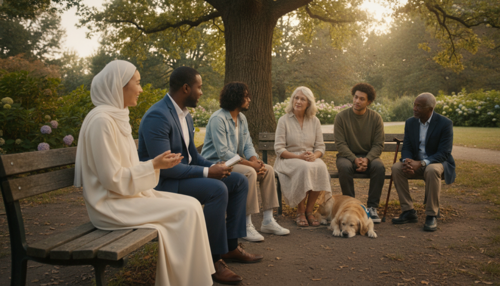 A warm and inviting scene illustrating the concept of a supportive network, featuring a diverse group of individuals engaged in conversation and sharing experiences in a serene park setting. In the foreground, two people of different ethnicities, one wearing modest casual clothing and the other in professional attire, are sitting on a park bench, smiling and exchanging ideas. In the middle ground, a small circle of friends, showcasing various ages and backgrounds, are attentively listening to an older woman who appears to be offering guidance, creating an atmosphere of connection and understanding. Soft natural lighting filters through the trees, casting gentle shadows and highlights, creating a peaceful and uplifting mood. In the background, lush greenery enhances the feeling of community and support, while a small therapy dog lies peacefully nearby, symbolizing companionship and comfort.