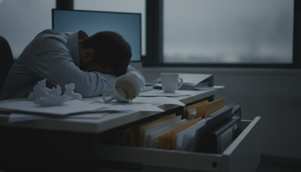 A weary office worker slumped over a cluttered desk in a dimly lit workspace, the weight of exhaustion evident on their face. The foreground features scattered papers and an empty coffee cup beside a flickering computer screen that casts a soft, pale blue glow. In the middle ground, a half-opened drawer reveals a disorganized pile of files, symbolizing overwhelming tasks. The background shows a window with gray skies outside, hinting at a gloomy atmosphere. Soft, diffused lighting enhances the feeling of fatigue and despair, while shadows emphasize the worker’s tired expression. A depth of field effect isolates the subject, enhancing the emotional weight of burnout and exhaustion, evoking a sense of urgency and need for support.