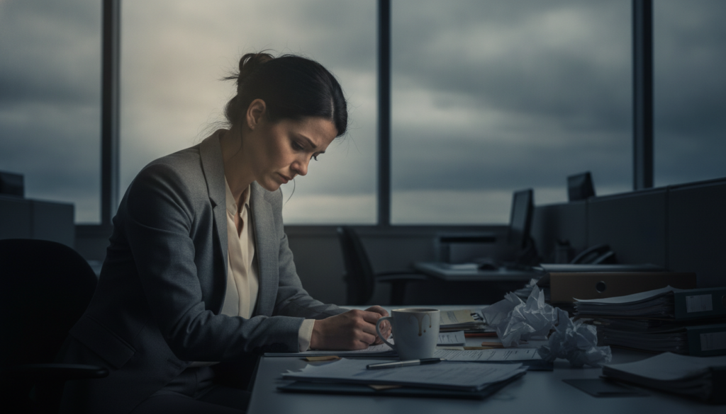 In a dimly lit office space, a professional woman sits slumped at her desk, her weary expression conveying feelings of hopelessness and despair. She wears modest business attire, her hair loosely pulled back. Papers are scattered around her, and a half-empty coffee cup sits nearby, hinting at exhaustion. In the background, the office is dimly lit, with a large window showing overcast skies outside, symbolizing a gloomy atmosphere. Subtle rays of light filter through the window, casting a soft glow that emphasizes her vulnerability. The overall composition captures a sense of isolation and stress, underscoring the overwhelming weight of burnout. The focus should be on her facial expression and body language, evoking a deep emotional resonance with the viewer.