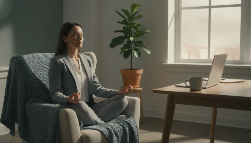 In a serene office environment, a focused professional in business attire is seen taking a mindful break. In the foreground, a comfortable armchair with a soft blanket draped over it invites relaxation. The middle ground features a sleek desk with a laptop closed, symbolizing work paused. Soft natural light spills through a large window, casting gentle shadows and illuminating the scene with a warm, calming glow. In the background, a small indoor plant adds a touch of nature. The overall mood is one of tranquility and rejuvenation, emphasizing the importance of rest in effective time management. The image captures the essence of a balanced work-life dynamic without distractions or clutter. In a serene office environment, a focused professional in business attire is seen taking a mindful break. In the foreground, a comfortable armchair with a soft blanket draped over it invites relaxation. The middle ground features a sleek desk with a laptop closed, symbolizing work paused. Soft natural light spills through a large window, casting gentle shadows and illuminating the scene with a warm, calming glow. In the background, a small indoor plant adds a touch of nature. The overall mood is one of tranquility and rejuvenation, emphasizing the importance of rest in effective time management. The image captures the essence of a balanced work-life dynamic without distractions or clutter.
