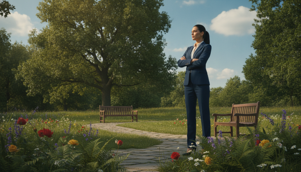 A confident individual, standing upright with arms crossed, gazing into the distance, symbolizing personal strength and self-assurance. The foreground features lush greenery and vibrant flowers to represent growth and positivity. In the middle, a serene park setting with benches and a gentle pathway winding through the trees, establishing a sense of peace and tranquility. The background showcases a blue sky with soft, fluffy clouds, indicating optimism and hope. Soft, warm sunlight filters through the leaves, creating dappled light that highlights the figure. The mood is uplifting and inspiring, evoking feelings of empowerment and self-discovery, with a focus on self-confidence and personal strength. The individual is dressed in professional attire, embodying self-assuredness and ambition.