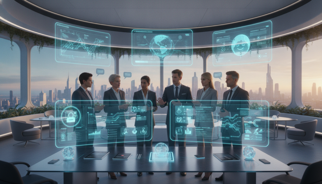 A digital art scene showcasing a futuristic workspace focused on AI-driven personalization in customer experiences. In the foreground, a diverse group of professionals in business attire are engaged in collaborative discussions around multiple screens displaying personalized data analytics and customer profiles. In the middle ground, high-tech devices and holographic interfaces exhibit vibrant, dynamic visuals of customer interactions and tailored recommendations. The background features a sleek, modern office environment with large windows letting in soft, warm natural light, creating an inviting and innovative atmosphere. Use a wide-angle lens perspective to capture the depth of the scene, emphasizing both the technology and the human element. The overall mood is optimistic and forward-looking, reflecting the potential of AI in enhancing customer experiences.