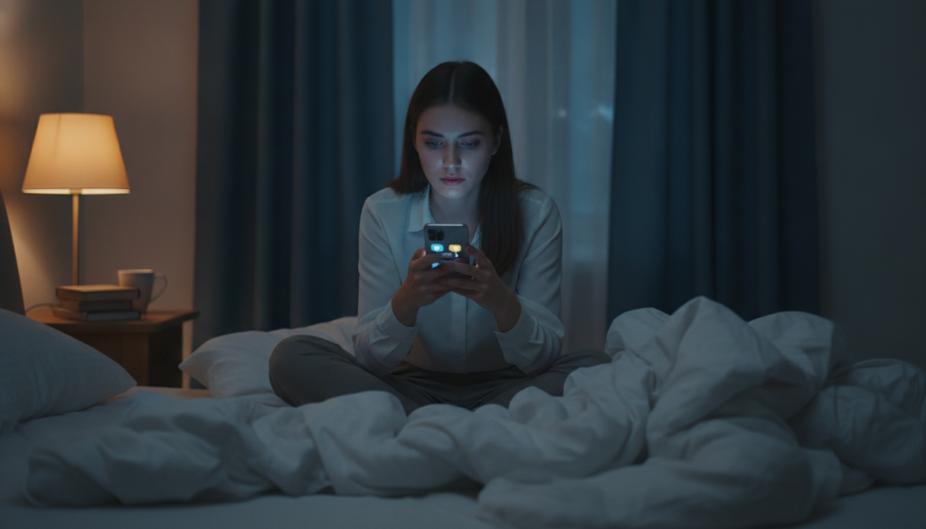 A dimly lit bedroom at night, with a cozy atmosphere softly illuminated by a bedside lamp. In the foreground, a young adult in professional attire is sitting up in bed, illuminated by the glow of a smartphone displaying a social media feed. Their expression shows a mix of curiosity and fatigue, indicating the impact of endless scrolling on their sleep quality. In the middle, the bed is unmade with rumpled sheets, creating a sense of restlessness. The background reveals a window with drawn curtains, hinting at the outside world. The scene conveys a mood of distraction and the struggle with digital temptation, emphasizing the conflict between the desire for sleep and the allure of screens. Use a shallow depth of field to focus on the figure while gently blurring the background. A dimly lit bedroom at night, with a cozy atmosphere softly illuminated by a bedside lamp. In the foreground, a young adult in professional attire is sitting up in bed, illuminated by the glow of a smartphone displaying a social media feed. Their expression shows a mix of curiosity and fatigue, indicating the impact of endless scrolling on their sleep quality. In the middle, the bed is unmade with rumpled sheets, creating a sense of restlessness. The background reveals a window with drawn curtains, hinting at the outside world. The scene conveys a mood of distraction and the struggle with digital temptation, emphasizing the conflict between the desire for sleep and the allure of screens. Use a shallow depth of field to focus on the figure while gently blurring the background.