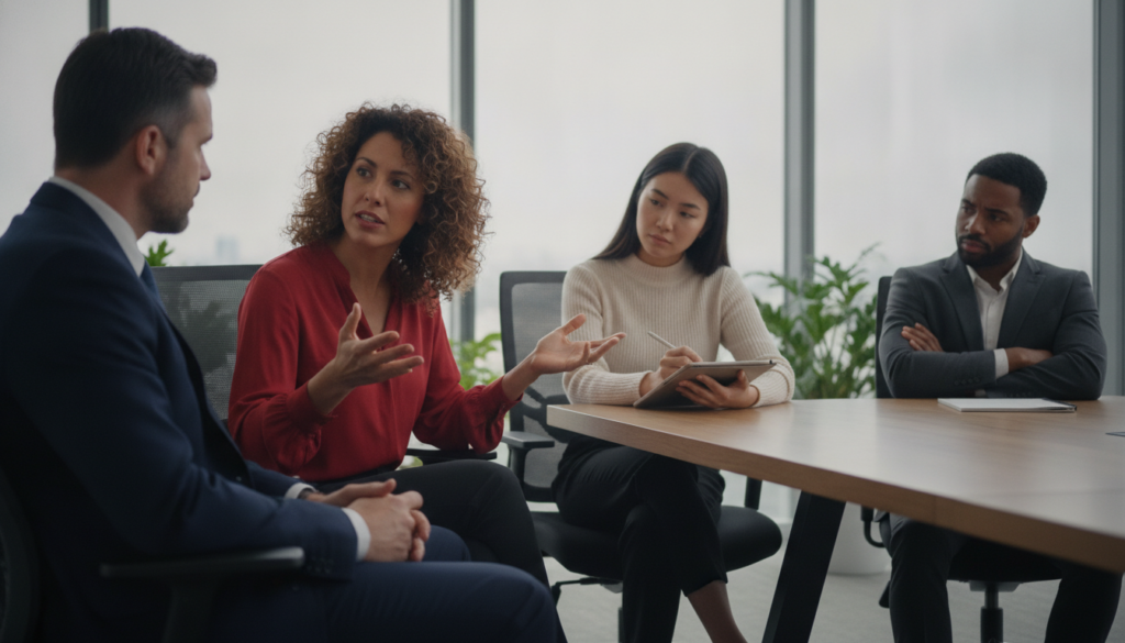 A diverse group of four professionals engaged in a dialogue to resolve conflicts and differences in a well-lit conference room. In the foreground, a middle-aged man in a navy suit is leaning forward, actively listening to a woman wearing a red blouse, who is gesturing with her hands to emphasize her point. In the middle, a young woman in business casual attire takes notes, while a young man in a gray suit sits with his arms crossed, thoughtfully contemplating the discussion. The background features a large window with soft, natural light pouring in, illuminating modern furnishings and plants. The atmosphere is tense yet constructive, reflecting the seriousness and importance of dialogue in conflict resolution, framed with a slight depth of field to focus on the participants’ expressions.
