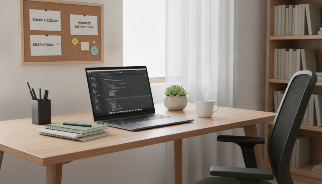 A focused, deep work environment showcasing a well-organized desk. In the foreground, a sleek wooden desk with a modern laptop open, surrounded by neatly stacked notebooks and a stylish ergonomic chair. A small potted plant adds a touch of nature, while a cup of coffee steams invitingly nearby. In the middle ground, a large window allows soft, natural light to filter in, creating a warm and inspiring atmosphere. On the wall behind, a minimalist bulletin board displays motivational quotes and a few pinned reminders. The background features a calming, orderly workspace with bookshelves filled with professional literature. The overall mood is serene and productive, emphasizing a space designed to minimize distractions and enhance concentration. A focused, deep work environment showcasing a well-organized desk. In the foreground, a sleek wooden desk with a modern laptop open, surrounded by neatly stacked notebooks and a stylish ergonomic chair. A small potted plant adds a touch of nature, while a cup of coffee steams invitingly nearby. In the middle ground, a large window allows soft, natural light to filter in, creating a warm and inspiring atmosphere. On the wall behind, a minimalist bulletin board displays motivational quotes and a few pinned reminders. The background features a calming, orderly workspace with bookshelves filled with professional literature. The overall mood is serene and productive, emphasizing a space designed to minimize distractions and enhance concentration.
