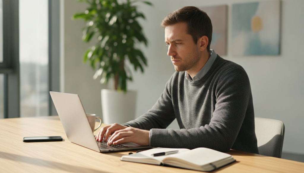 A focused workspace featuring a professional individual in a modern office setting, sitting at a sleek wooden desk, wearing smart casual attire. The foreground shows the person deeply engaged with a laptop, with a slight look of concentration. In the middle, there are elements representing active distractions, like a phone turned off to emphasize blocking out stimuli, alongside a neatly organized planner. The background includes soft-focus elements, such as plants and muted artwork on the walls, contributing to a serene atmosphere. The room is well-lit with natural daylight streaming through large windows, creating a warm ambiance. The angle is slightly elevated, providing a clear view of the workspace and the individual’s focused demeanor, capturing the essence of 'foco profundo' in a distraction-free environment. A focused workspace featuring a professional individual in a modern office setting, sitting at a sleek wooden desk, wearing smart casual attire. The foreground shows the person deeply engaged with a laptop, with a slight look of concentration. In the middle, there are elements representing active distractions, like a phone turned off to emphasize blocking out stimuli, alongside a neatly organized planner. The background includes soft-focus elements, such as plants and muted artwork on the walls, contributing to a serene atmosphere. The room is well-lit with natural daylight streaming through large windows, creating a warm ambiance. The angle is slightly elevated, providing a clear view of the workspace and the individual’s focused demeanor, capturing the essence of 'foco profundo' in a distraction-free environment.