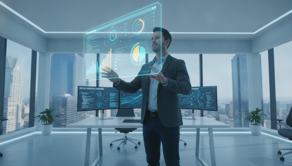 A modern office environment showcasing data analysis powered by artificial intelligence. In the foreground, a business professional in smart casual attire interacts with a holographic user interface, displaying vibrant graphs and analytics. The middle ground features a sleek desk with multiple monitors displaying complex data visualizations and AI algorithms. In the background, large windows reveal a cityscape, flooded with natural light, enhancing a tech-driven atmosphere. The lighting is bright and futuristic, emphasizing innovation and intelligence. The camera angle is slightly low, capturing both the depth of the office space and the dynamic interaction between the professional and the data interface. The mood is optimistic and focused, conveying the power of AI in making informed decisions through data analysis.