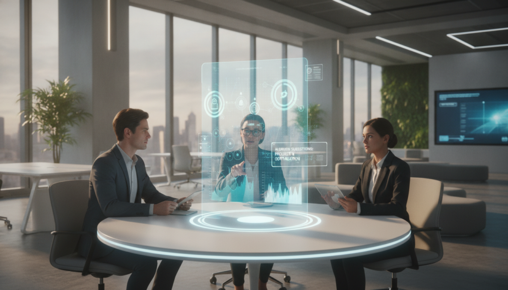 A modern office setting showcasing intelligent virtual assistants boosting productivity. In the foreground, a diverse group of professionals in business attire (a woman with glasses, a man with a notepad, and a woman using a tablet) engaged in a collaborative discussion around a sleek, round table. In the middle, advanced holographic displays and digital interfaces project productivity metrics, scheduling tools, and AI-generated suggestions. The background reveals a bright, airy workspace with large windows, greenery, and contemporary office furniture. The lighting is warm and inviting, creating a motivational atmosphere. Use a slightly elevated camera angle to capture the scene, emphasizing interaction and technology integration. The mood is focused and innovative, reflecting a future where AI enhances teamwork and efficiency.