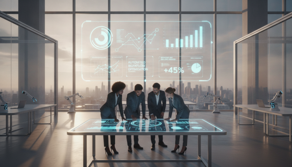 A modern office space showcasing "intelligent automation" in action. In the foreground, a diverse group of three professionals, dressed in smart business attire, engaged around a sleek digital interface displaying automated task management software. In the middle, a large, transparent screen shows colorful graphs and data analytics highlighting efficiency improvements. In the background, a futuristic city skyline through large windows, bathed in warm afternoon light, creating an optimistic atmosphere. Soft shadows enhance the sophistication of the space, and subtle reflections accentuate a sense of innovation. The overall mood is empowering and focused, emphasizing the ease and productivity brought by automation technology.