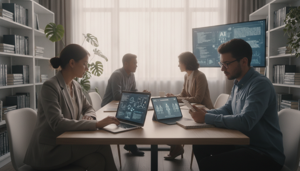 A modern, sleek workspace featuring a diverse group of four professionals engaged in learning about artificial intelligence. In the foreground, a woman in professional attire, focused on a laptop, with graphs and algorithms displayed on the screen. Nearby, a young man reviewing notes, while a tablet showcasing an AI tutor interface is on the table. In the middle background, a large window with natural light streaming in, illuminating shelves filled with books about AI and technology. Vibrant plants add a touch of greenery. The atmosphere is one of collaboration and innovation, with a soft-focus on a high-tech vibe. Use soft, diffused lighting to create a warm and inviting mood, captured from a slightly elevated angle to emphasize the group dynamic and learning environment.