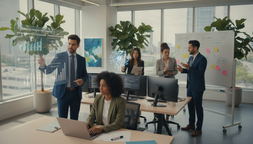 A modern workspace featuring a diverse group of professionals collaborating on content creation using artificial intelligence tools. In the foreground, a woman in smart casual attire types on a laptop, engaged in brainstorming. To her left, a man in a tailored suit points at a digital screen displaying graphs and data analytics related to AI-generated content. The middle ground shows an array of high-tech devices and features a whiteboard filled with creative ideas. The background presents a bright, airy office space with large windows allowing natural light to flood in, plants by the windows, and abstract art on the walls. The mood is innovative and focused, emphasizing creativity and teamwork. Use soft, natural lighting to enhance the professional atmosphere, with a slightly elevated angle to capture the collaborative spirit.
