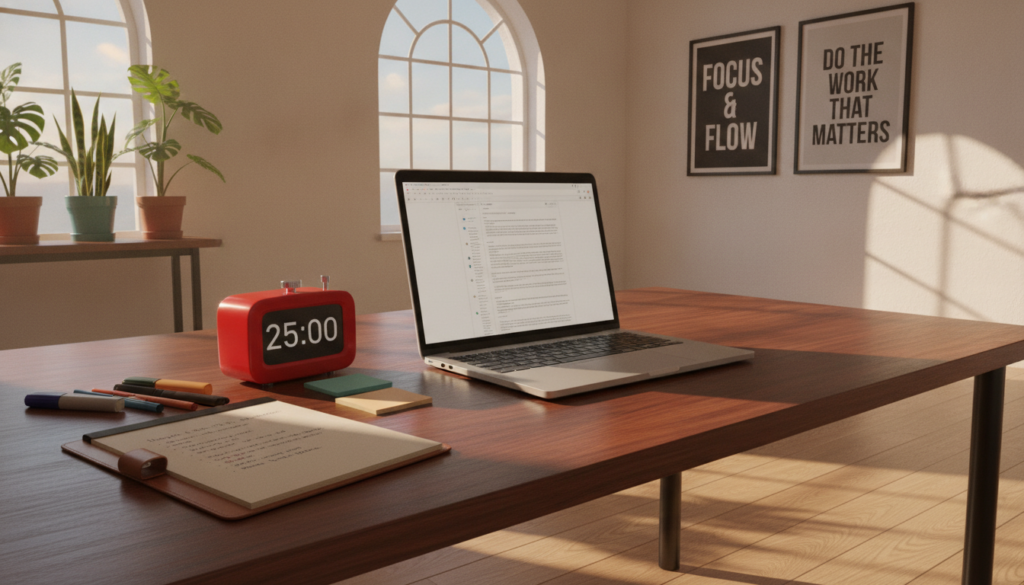 A modern workspace featuring a sleek desk with a high-quality laptop, a timer prominently displayed, and a notepad filled with focused notes. In the foreground, a stylish timer set to 25 minutes, surrounded by colorful stationery, embodies the essence of the Pomodoro Technique. The middle layer showcases a cozy office setting with soft natural light filtering through large windows, casting gentle shadows. Background elements include potted plants and motivational posters on the wall, creating a productive yet calming atmosphere. The scene captures a moment of concentration, emphasizing clarity and focus, highlighting an environment conducive to deep work. The image should evoke a sense of motivation and efficiency without any people present. A modern workspace featuring a sleek desk with a high-quality laptop, a timer prominently displayed, and a notepad filled with focused notes. In the foreground, a stylish timer set to 25 minutes, surrounded by colorful stationery, embodies the essence of the Pomodoro Technique. The middle layer showcases a cozy office setting with soft natural light filtering through large windows, casting gentle shadows. Background elements include potted plants and motivational posters on the wall, creating a productive yet calming atmosphere. The scene captures a moment of concentration, emphasizing clarity and focus, highlighting an environment conducive to deep work. The image should evoke a sense of motivation and efficiency without any people present.