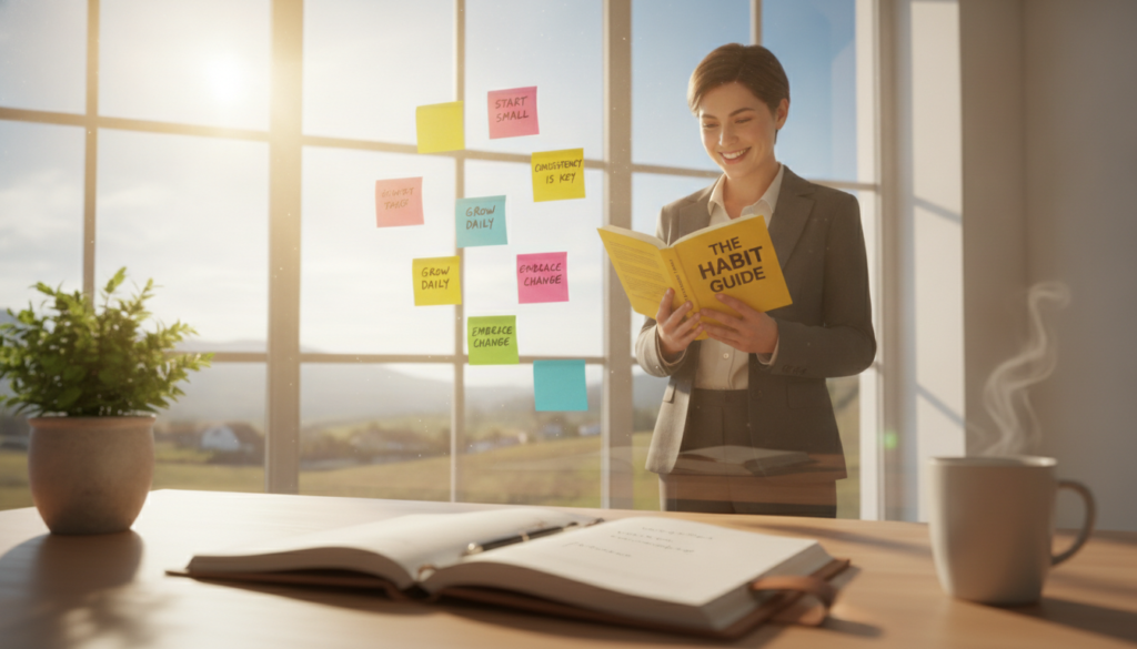 A motivational workspace scene depicting attractive habits. In the foreground, a neatly organized desk with a stylish notebook open, a vibrant plant, and a steaming cup of coffee, all in soft focus. In the middle, a person dressed in professional attire, standing confidently while reading a self-help book, with an engaging smile. They are surrounded by colorful sticky notes showcasing inspirational quotes. In the background, a large window reveals a sunny landscape, with light streaming in and creating a warm, inviting atmosphere. The overall mood is one of positivity and focus, emphasizing personal growth and the appeal of adopting good habits. The lighting is bright and airy, creating a sense of possibility and motivation.