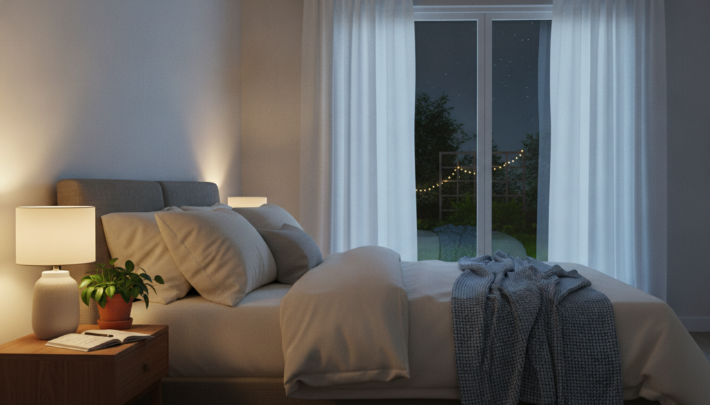 A peaceful bedroom environment depicting healthy sleep habits. In the foreground, a neatly made bed with cozy, soft bedding, illuminated by warm, soft light from a bedside lamp. On the nightstand, a small potted plant and a journal open with a gratitude entry. In the middle ground, a window with sheer curtains allows gentle moonlight to filter in, enhancing the calming atmosphere. In the background, a serene view of a quiet garden at night, with twinkling stars visible through the window. The overall mood is tranquil and inviting, promoting a sense of relaxation and comfort, emphasizing the importance of good sleep quality for mental well-being. No text or people are included, focusing solely on the tranquil environment.