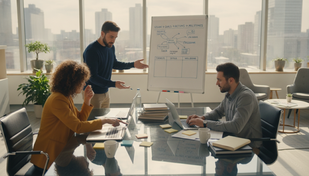 A professional workspace depicting personal planning for independence. In the foreground, a diverse group of three individuals—one woman and two men—are seated at a contemporary conference table, surrounded by open laptops, notepads, and colorful sticky notes. They are dressed in smart casual attire, deep in discussion and brainstorming ideas. The middle ground features a large whiteboard filled with strategic plans and flowcharts, illustrating the transformation of intentions into results. The background showcases a bright, modern office space with large windows allowing natural light to flow in, casting soft shadows. The mood is collaborative and inspiring, emphasizing focus and determination in the pursuit of independence. The image should have a warm, inviting ambiance, shot from an eye-level perspective.