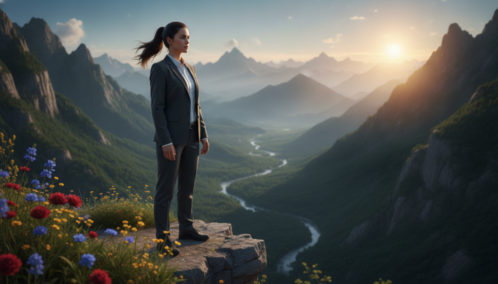 A resilient young woman stands confidently at the edge of a rocky cliff, overlooking a vast valley filled with lush greenery and distant mountains under a bright, clear blue sky. The foreground features her in professional business attire, symbolizing strength and determination. In the middle ground, wildflowers bloom vibrantly, illustrating the beauty of overcoming adversity. The background showcases a majestic sunrise, casting warm golden light that enhances the sense of hope and new beginnings. The scene conveys a mood of empowerment and optimism, highlighting resilience in the face of challenges. Use soft, natural lighting to create an inspiring atmosphere, with a slight depth of field to draw focus on the woman while keeping the stunning landscape in view.