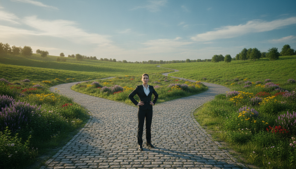 A scenic pathway through a lush green landscape symbolizes the theme of autonomy. In the foreground, a person dressed in professional business attire stands confidently at a fork in the road, gazing forward with a determined expression. Their posture suggests readiness to choose their own path. The middle ground features a vibrant natural setting with flowering plants and gently rolling hills, representing growth and opportunity. In the background, a bright blue sky with soft, fluffy clouds casts a warm light over the scene, enhancing the hopeful atmosphere. The composition should capture a sense of adventure and empowerment, inviting the viewer to contemplate their own journey of independence and personal choice. The lighting should be soft and inviting, with a slightly elevated angle to emphasize the pathway ahead.