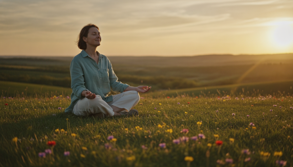 A serene adult woman sitting cross-legged on a soft, grassy hill, embodying tranquility as she meditatively gazes towards a radiant sunset. In the foreground, a gentle breeze stirs delicate wildflowers, adding splashes of color to the vibrant landscape. The middle ground features soothing hills gradually fading into the distance, while the background captures a warm, golden sky streaked with soft pink and orange hues. The lighting is warm and inviting, casting a soft glow on the woman's peaceful expression, reflecting inner calm. The atmosphere is dreamy and contemplative, evoking feelings of serenity and the power of choosing peace amidst life's overwhelming moments. No text or distractions in the image.