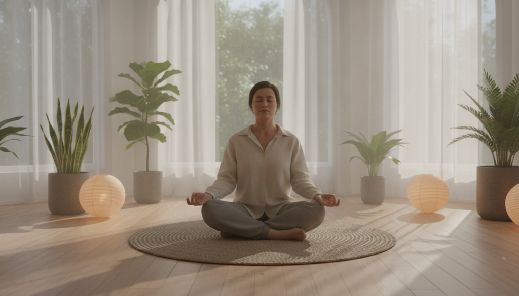 A serene and focused indoor environment showcasing deep mindfulness practice. In the foreground, a person in modest casual clothing sits cross-legged on a soft, natural-colored mat, eyes gently closed, embodying a state of tranquility. The middle ground features lush green plants and soft, warm lighting creating a peaceful atmosphere, enhancing the feeling of mindfulness. In the background, large windows let in soft, diffused sunlight, illuminating the space and casting gentle shadows. Use a slightly elevated angle to capture the calming scene, emphasizing the connection between the individual and their serene surroundings. The overall mood is one of deep introspection and peaceful focus, inviting viewers to embrace calm and concentration. A serene and focused indoor environment showcasing deep mindfulness practice. In the foreground, a person in modest casual clothing sits cross-legged on a soft, natural-colored mat, eyes gently closed, embodying a state of tranquility. The middle ground features lush green plants and soft, warm lighting creating a peaceful atmosphere, enhancing the feeling of mindfulness. In the background, large windows let in soft, diffused sunlight, illuminating the space and casting gentle shadows. Use a slightly elevated angle to capture the calming scene, emphasizing the connection between the individual and their serene surroundings. The overall mood is one of deep introspection and peaceful focus, inviting viewers to embrace calm and concentration.