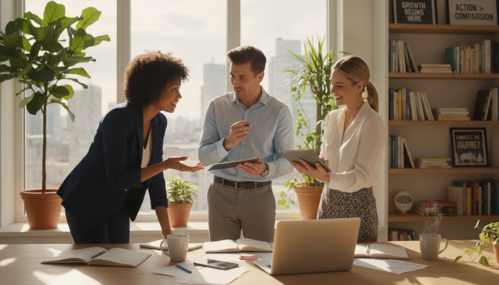 A serene and inspiring scene in a bright and airy workspace. In the foreground, a diverse group of three individuals—two women and one man, dressed in professional business attire—are engaged in a collaborative discussion, sharing ideas and smiling. On the table, notebooks, pens, and a laptop suggest active brainstorming. In the middle ground, a large window lets in soft, natural light, illuminating indoor plants that symbolize growth and positivity. In the background, shelves filled with books and motivational quotes enhance the atmosphere of learning and inspiration. The lighting is warm and inviting, creating an uplifting mood that encourages transformation from comparison to healthy action. The overall composition conveys a sense of teamwork, growth, and aspiration.