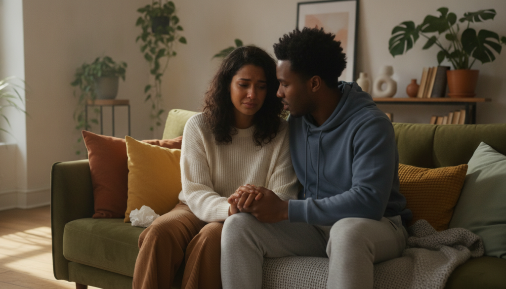 A serene and intimate scene depicting emotional vulnerability in a healthy relationship. In the foreground, a diverse couple sits on a cozy sofa, engaged in a deep conversation. They are dressed in modest casual clothing, conveying warmth and openness. Their expressions reveal empathy and understanding. In the middle ground, soft cushions and a warm blanket indicate a safe and inviting space. The background features a softly lit room adorned with plants and thoughtful decorative elements, creating a sense of comfort. Natural light filters through a nearby window, casting gentle shadows. The mood is calm and introspective, emphasizing connection and trust in their interaction.
