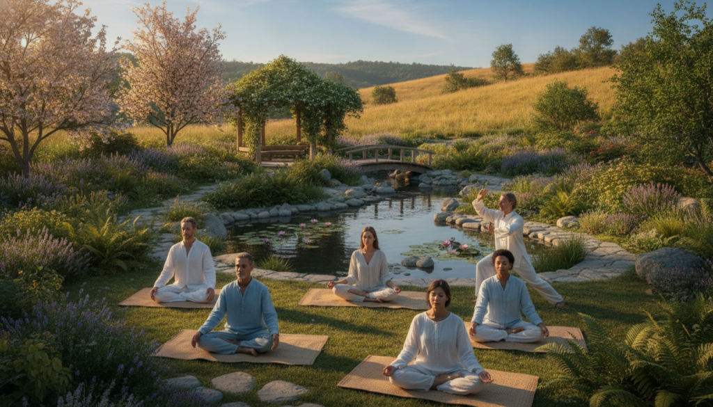A serene and inviting scene representing "strategies to regain lightness," set in a tranquil garden. In the foreground, a diverse group of individuals in modest casual attire engaged in mindfulness activities, such as practicing yoga or meditation. In the middle ground, a beautiful, sunlit space filled with vibrant greenery, soft flowers, and peaceful water features, symbolizing rejuvenation. The background displays soft, rolling hills under a clear blue sky, enhancing the feeling of openness and freedom. The lighting is warm and golden, casting gentle shadows and creating a peaceful atmosphere. A wide-angle lens captures the expansive beauty of the scene, evoking a sense of calm and transformation.
