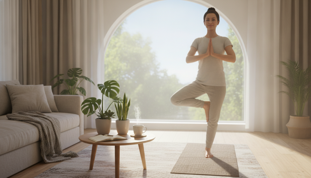 A serene and inviting wellness routine scene in a bright, cozy living room. In the foreground, a person in modest workout attire practices yoga on a mat, exhibiting a calm and focused expression. The middle layer showcases a small wooden table with a journal, a cup of herbal tea, and a few vibrant green plants, symbolizing growth and positivity. In the background, a large window lets in soft, warm sunlight, illuminating the space and creating a peaceful atmosphere. The overall color palette features soothing greens and earth tones, reflecting tranquility and balance. The mood is uplifting and serene, capturing the essence of a consistent well-being practice.